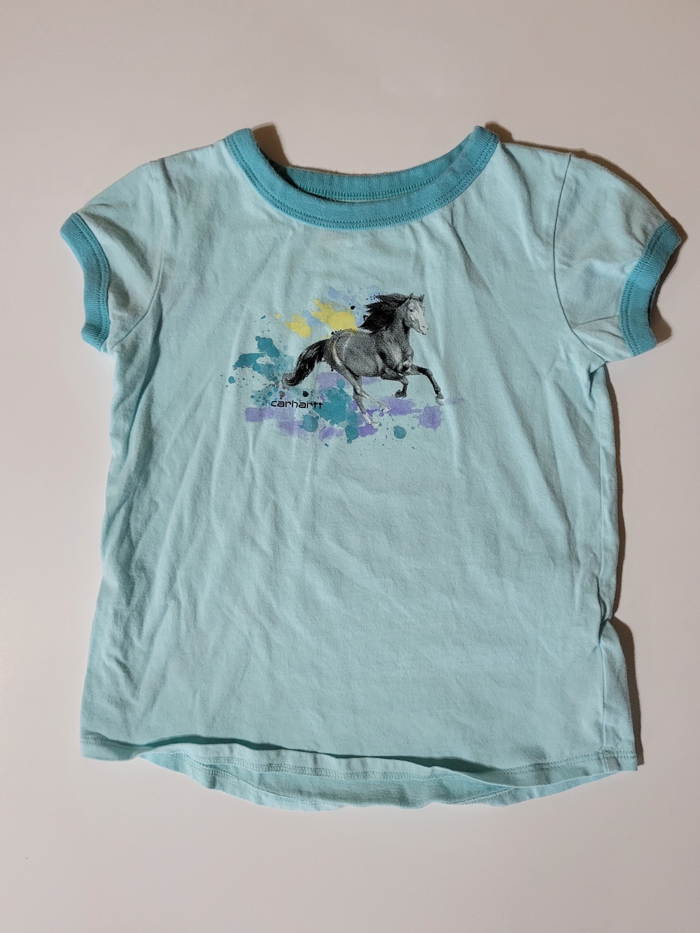Carhartt Girls Size 5 Turquoise Horse Graphic T-Shirt Short Sleeve Top